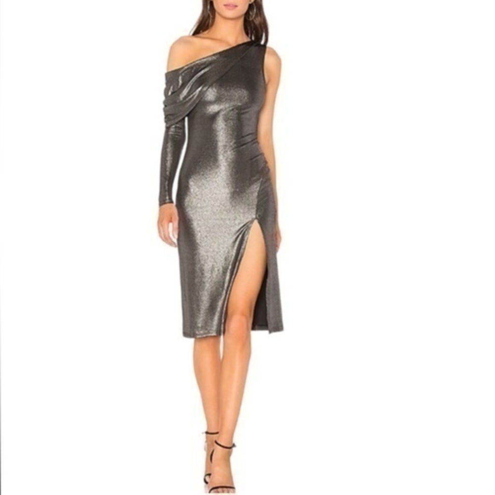NBD x Revolve Selene Black Metallic One Shoulder Midi Bodycon Dress Size XXS